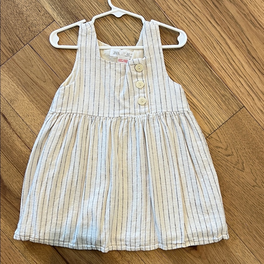 Zara Cream Dress with Navy Pinstripes and Button Detail